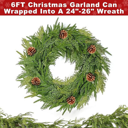 Extra Thick&Lush-6 Ft by 10 Inch Real Touch Norfolk Pine Garland,Christmas Garland Artificial Realistic Soft Thickness Greenery Pine Cypress Pinecones Garlands for Mantle Fireplace Home Indoor Outdoor