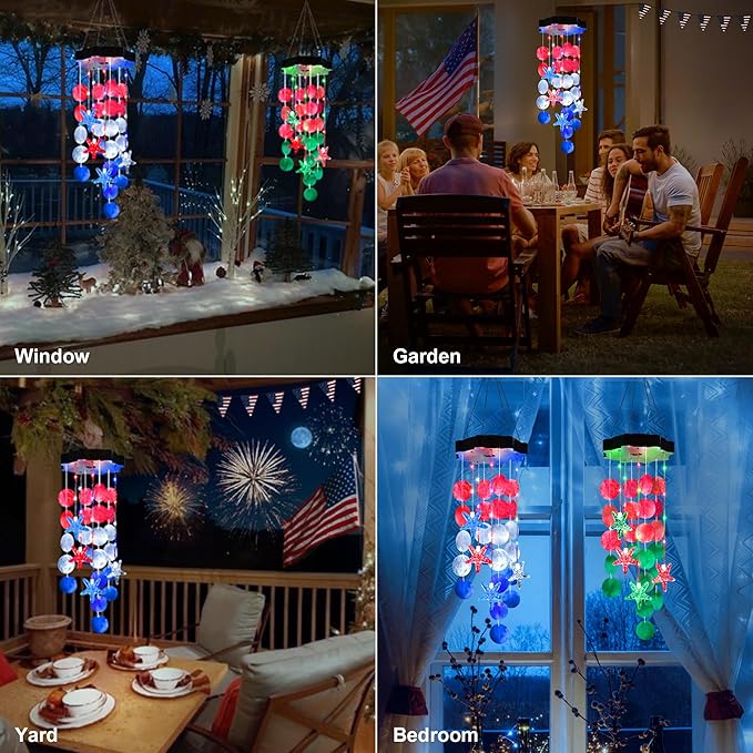 Solar Shell Gift for Mom Grandma Girls, Christmas Red White Blue Solar Wind Chimes for Outside, Christmas Decorative Mobile Lights for Garden, Yard, Patio, Window, Party, Outdoor Decorations