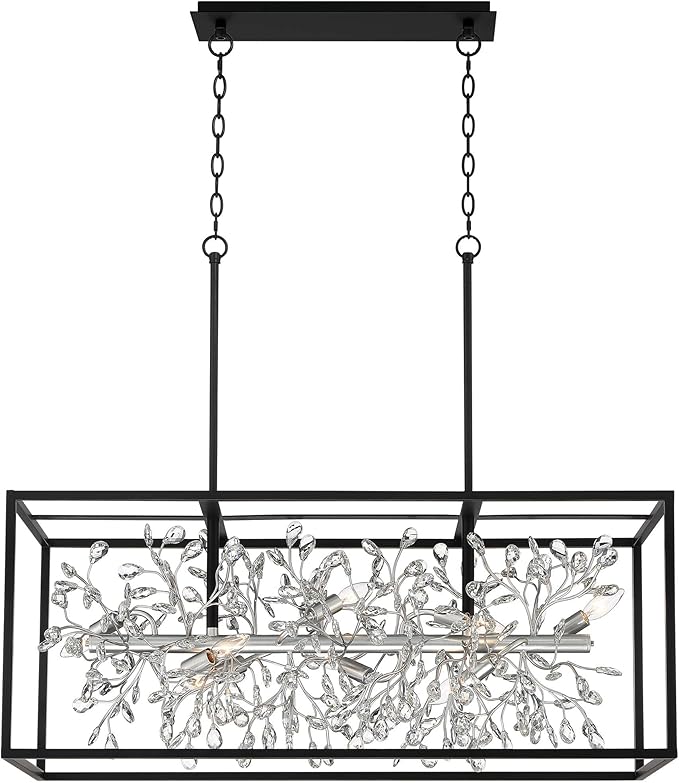 Possini Euro Design Carrine Black Silver Metal Rectangle Linear Pendant Chandelier 38 1/2" Wide Modern Clear Crystal Flower Vine 8-Light Fixture for Kitchen Island Dining Room House High Ceilings