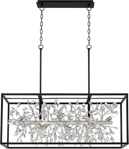 Possini Euro Design Carrine Black Silver Metal Rectangle Linear Pendant Chandelier 38 1/2" Wide Modern Clear Crystal Flower Vine 8-Light Fixture for Kitchen Island Dining Room House High Ceilings