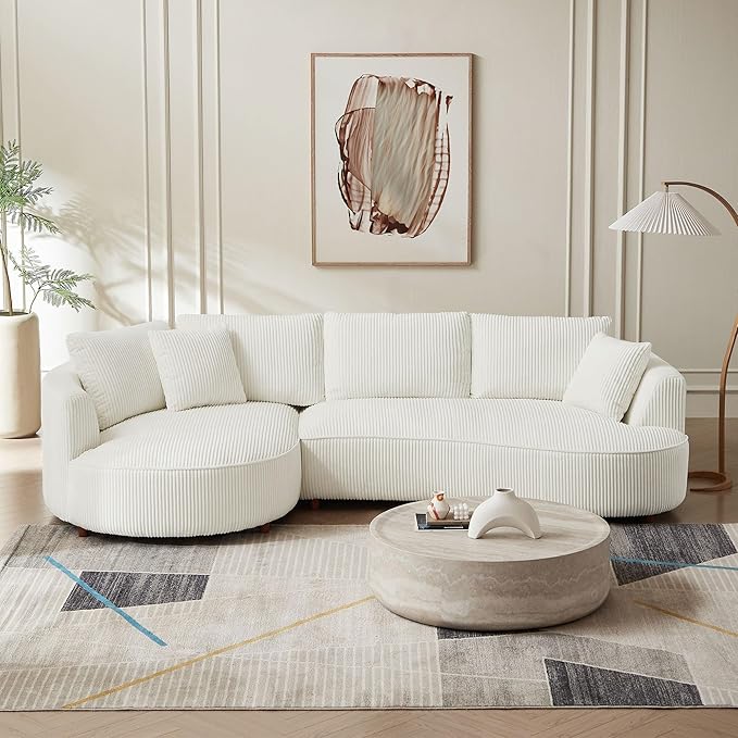 WILLIAMSPACE 122" Modern Curved Sofa Couch, Upholstery Oversized Cloud Sofa with Chaise & Pillows, Left Hand Facing Sectional Couch for Living Room (Left-Facing,White Corduroy)
