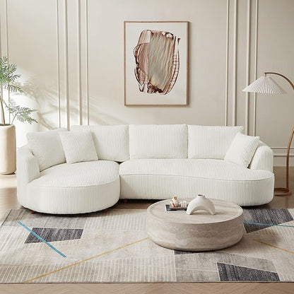 WILLIAMSPACE 122" Modern Curved Sofa Couch, Upholstery Oversized Cloud Sofa with Chaise & Pillows, Left Hand Facing Sectional Couch for Living Room (Left-Facing,White Corduroy)