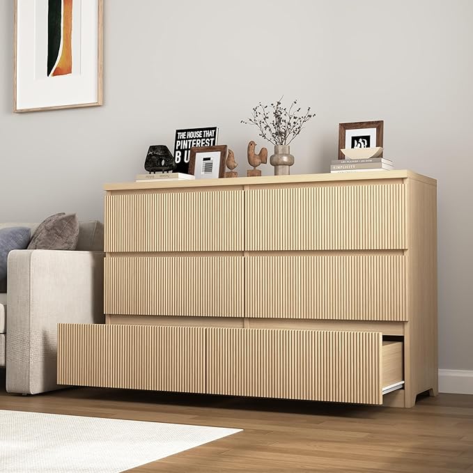 Fluted Dresser for Bedroom,6 Modern Large Wood Dresser,Chest of Drawers for Bedroom, Living Room,Hallway,Entryway,TV Stand Drawer Organizer(Fluted Natural)