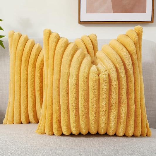 decorUhome Faux Fur Throw Pillow Covers 24x24 Set of 2, Decorative Soft Plush Striped Neutral Euro Pillow Covers with Velvet Back for Bed, Living Room Home Decor, Mustard Yellow