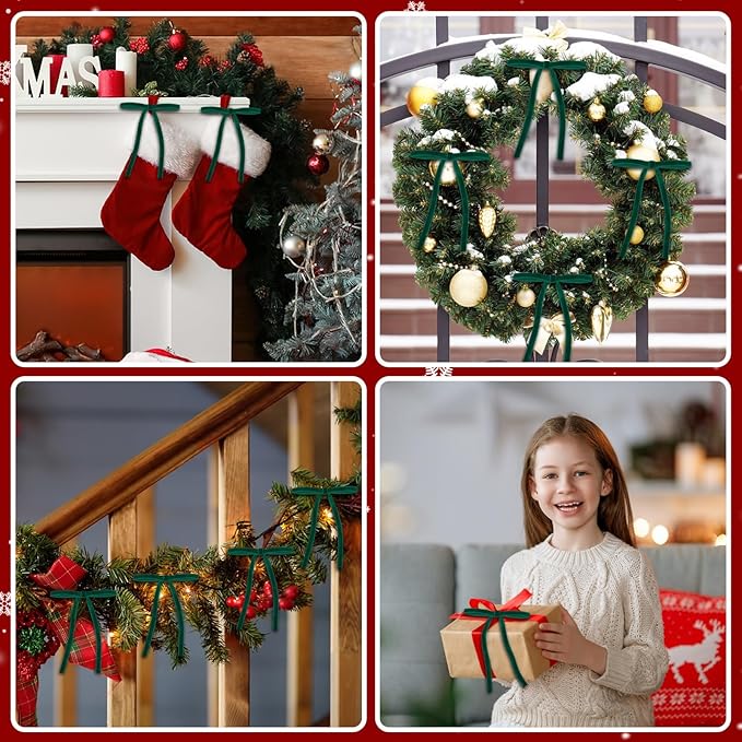 24 Pcs Green Velvet Bows for Christmas Tree, Elegant Dark Green Velvet Christmas Ornaments, 5x7 Inch Pre-Tied Ribbon Bows for Wreaths, Gifts & Holiday Décor (3/8")