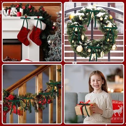 24 Pcs Green Velvet Bows for Christmas Tree, Elegant Dark Green Velvet Christmas Ornaments, 5x7 Inch Pre-Tied Ribbon Bows for Wreaths, Gifts & Holiday Décor (3/8")