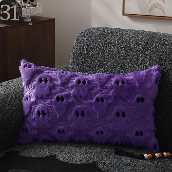 DFXSZ Halloween Pillow Covers 12x20 inch Set of 2 Purple Ghost Throw Pillow Cases Soft Plush Faux Fur Wool Cushion Case for Chair Bedroom Living Room Home Decor PTK03E12