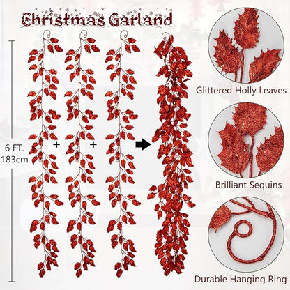 3 Pcs 6FT Christmas Garland Red Glittered Artificial Holly Leaves for Mantle Christmas Tree Decorations Indoor Outdoor Hanging Garland Ornaments Home Decor Garden Door Wall Window Stair Decoration