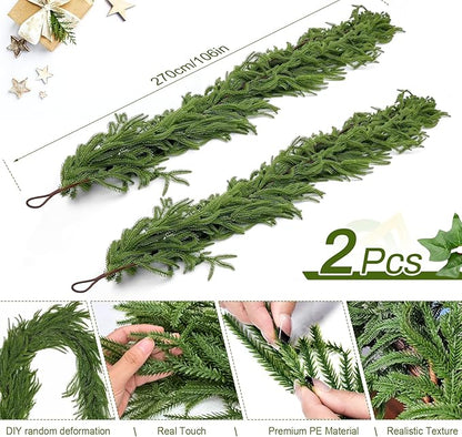 2PCS 9FT Norfolk Pine Garland, Christmas Artificial Faux Greenery Garland Real Touch Holiday Decorations for Holiday Wreaths, Craft DIY and Home Xmas Decorations