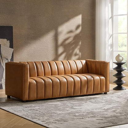 HULALA HOME 83" Genuine Leather Sofa with Channel Tufted Design, 3-Seater Sofa for Living Room Bedroom, Modern Oversized Couch with Wood Legs, Camel