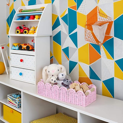 CubesLand Paper Rope Scalloped Edge Gift Basket Empty, Small Living Room,Bedroom Decor Baskets, Pink Woven Toilet Paper Storage Basket, with 2 Wooden Handle, Rectangular