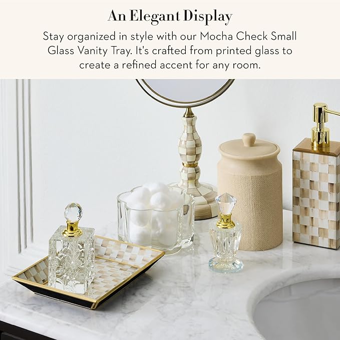 MACKENZIE-CHILDS Glass Tray, Decorative Bathroom Counter Tray, Small, Brown-and-White Mocha Check