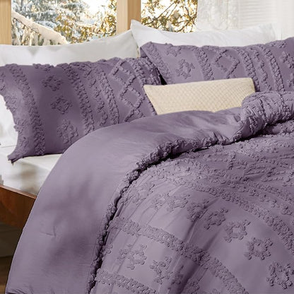 Bedsure Tufted Boho Comforter Set Queen Size - Grayish Purple Boho Bed Set, GentleSoft™ 3 Pieces Farmhouse Shabby Chic Embroidery Bedding, Gifts for Woman, Jacquard Queen Comforter for All Seasons