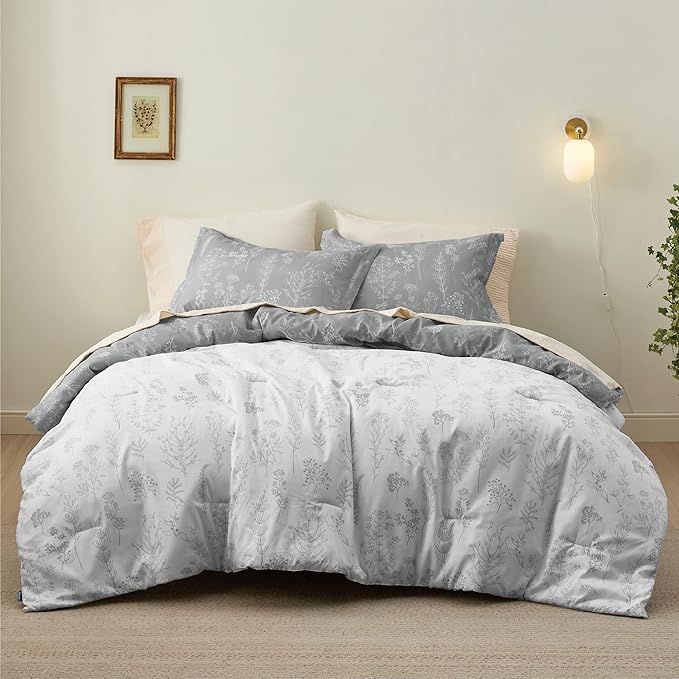 Bedsure Full Comforter Set - Grey Bed Set, 3 Pieces Cute Floral Bedding, 1 Soft Reversible Botanical Flowers Comforter and 2 Pillow Shams