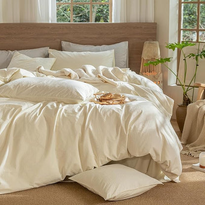 MooMee Wavy Striped Duvet Cover Set 100% Washed Cotton Linen Like Textured Breathable Durable Soft Comfy (Cream White, Oversized Queen 98"x98")