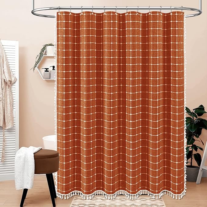 BTTN 78 Inch Long Shower Curtain - Boho Farmhouse Linen Ultra Thick Fabric Shower Curtain Set with Plastic Hooks, Tall Rustic Country Weighted Cloth Shower Curtains for Bathroom - Burnt Orange - 72x78