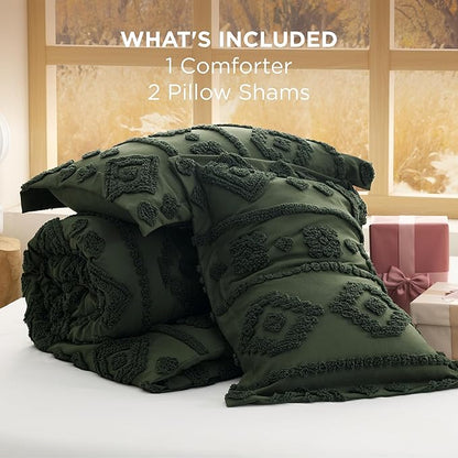 Bedsure King Size Comforter Set - Dark Green Tufted Boho Bed Set, Farmhouse Shabby Chic Embroidery Bedding for All Seasons, 3 Pieces, 1 Soft Jacquard King Comforter and 2 Pillow Shams