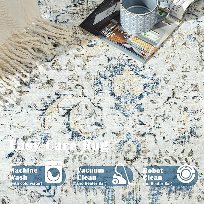 jinchan Vintage Floral Washable Area Rug 5x7 Non-Slip Low Pile Carpet, Blue Multi