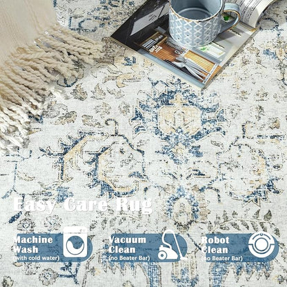 jinchan Vintage Floral Washable Area Rug 5x7 Non-Slip Low Pile Carpet, Blue Multi
