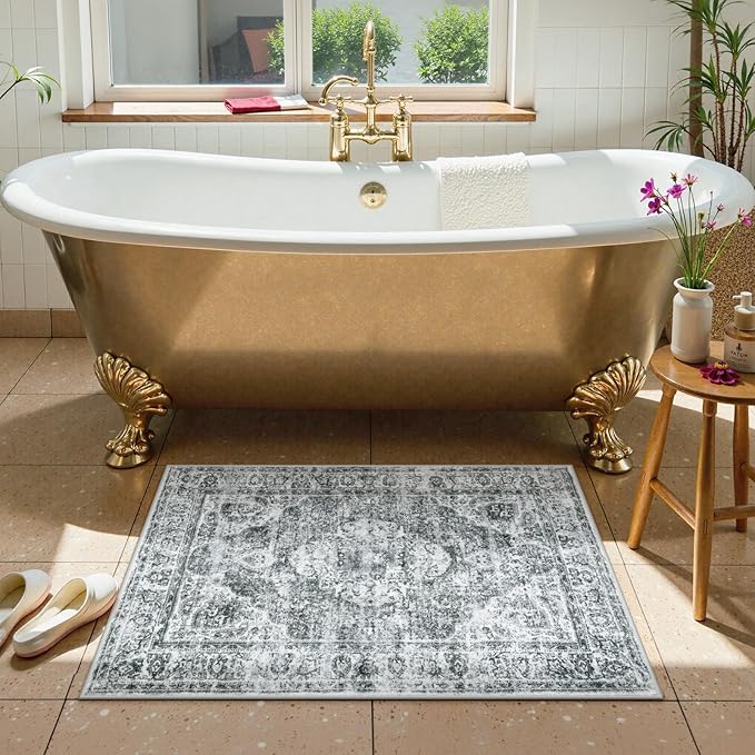 Uphome Boho Bathroom Rugs, Distressed Farmhouse Gray Bath Mat, Comfy Velvet Small Bath Rugs Non Slip Washable, Vintage Oriental Toilet Rug for Sink Shower Vanity, 20x32 inch