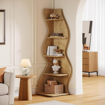 Tribesigns Wavy Corner Shelf, Modern 5-Tier Bookshelf Bookcase with Curvy Shape, Unique Plant Stand Display Rack for Living Room Small Space (Light Brown)