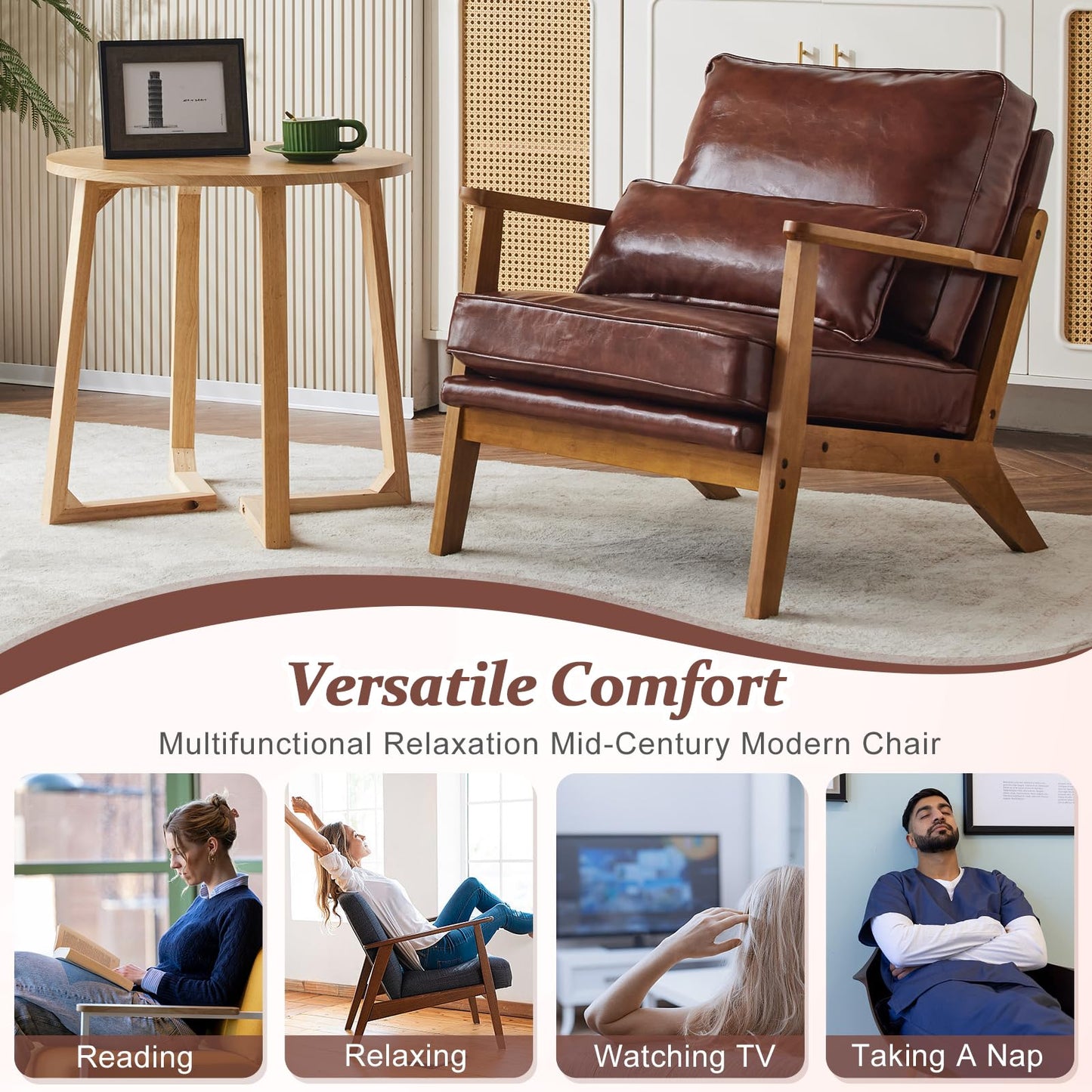 VINGLI Solid Wood Wide Armrests Accent Chair,Upholstered Mid Century Modern Chair with Pillow,Comfy Reading Chair Farmhouse Arm Chair,Chairs Living Room,Bedroom,Guest Room,Teddy Fleece,Khaki