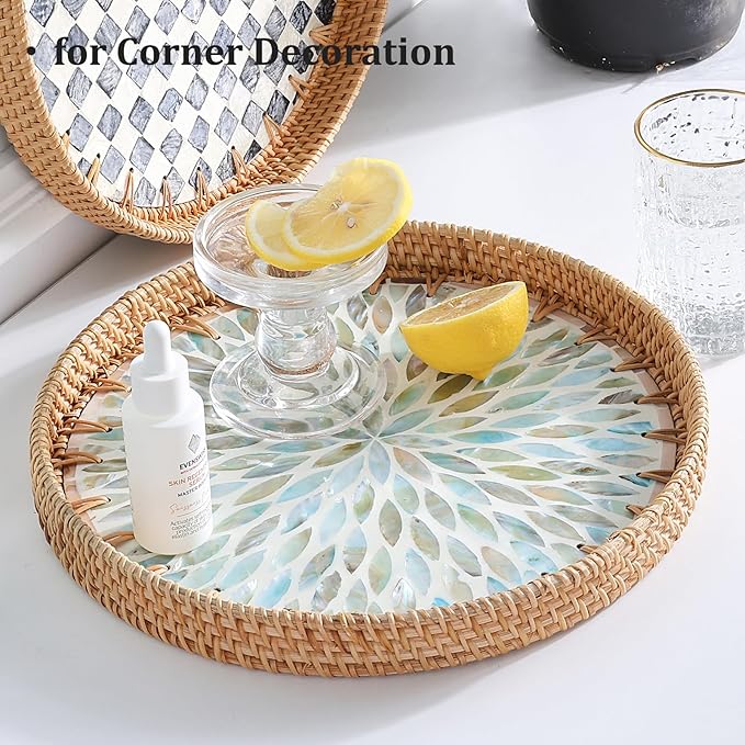 Round Rattan Tray with Mother of Pearl Inlay, Rattan Serving Tray for Coffee, Bread, Fruits, Decorative Wicker Tray for Table Decor, Home Decor, Kitchen Island Decor (Ambilight, 11.8")