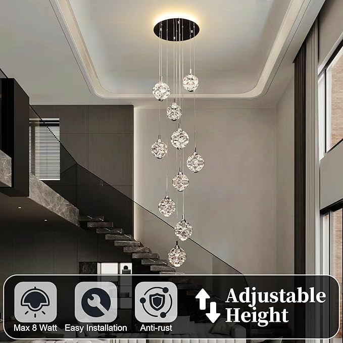 10-Light High Ceilings Long Chandeliers Modern Crystal Staircase Chandelier Hanging Lighting Fixtures for Spiral Staircase,Foyer,Entryway