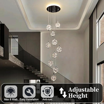 10-Light High Ceilings Long Chandeliers Modern Crystal Staircase Chandelier Hanging Lighting Fixtures for Spiral Staircase,Foyer,Entryway