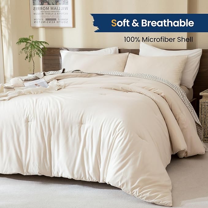 Paxrac Beige Comforter Set Full Size, Cream3 Pieces Comforter Set, Lightweight Solid Neutral Bedding Set, All Seasons Soft Breathable Boho Full Comforter Set (80x90In Comforter & 2 Pillowcases)