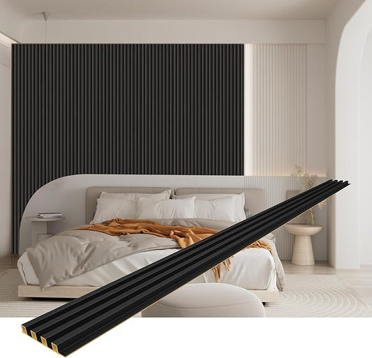 8-Pack WPC Wood Panels for Wall - 96 x 6.6 Inch 3D Acoustic Wall Panels, Water-Proof and Easy Installation, Accent Slat Wall Paneling for Living Room, Office, Black