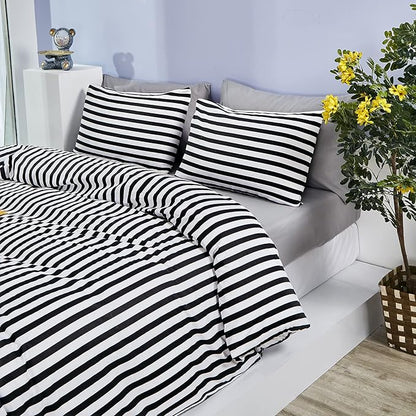 CLOTHKNOW Striped California King Comforter Set Black White Bedding Comforter Sets All Season Farmhouse Ticking Comforter with 2 x Pillow Cases