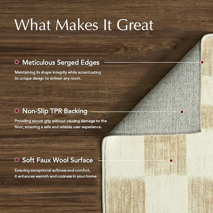 EVERGRACE Checkered Plaid Area Rug 2x10, Soft Fuzzy Faux Wool Rugs Washable Anti Slip Rugs Long Runner Rug Carpet for Entryway Bedroom Living Room Hallway Kitchen Dining Room and Laundry Room, Beige