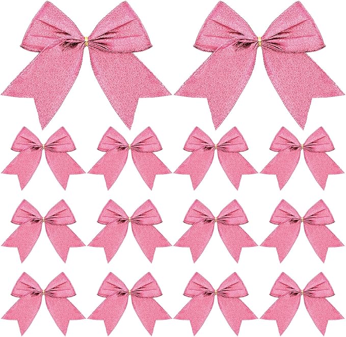 Cindeer 24 Pcs Pink Christmas Bow Decorations 6 x 6 Inches, Glitter Holiday Ornaments Sequin Ties Bows for Xmas Tree, Wreath, DIY Crafts, Gift Wrapping, Party Decor