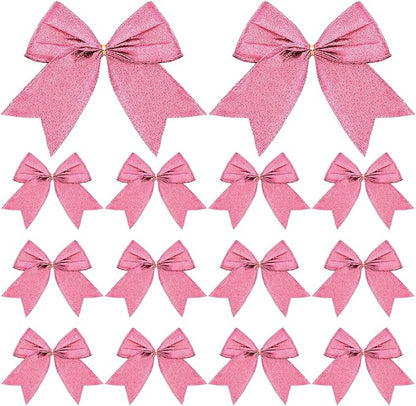 Cindeer 24 Pcs Pink Christmas Bow Decorations 6 x 6 Inches, Glitter Holiday Ornaments Sequin Ties Bows for Xmas Tree, Wreath, DIY Crafts, Gift Wrapping, Party Decor
