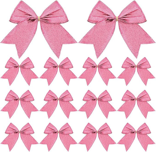 Cindeer 24 Pcs Pink Christmas Bow Decorations 6 x 6 Inches, Glitter Holiday Ornaments Sequin Ties Bows for Xmas Tree, Wreath, DIY Crafts, Gift Wrapping, Party Decor