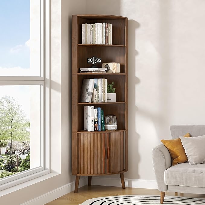 5-Tier Corner Shelf, 66.73''Tall Modern Corner Bookshelf, 5 Shelf Bookcase with 2 Fluted Doors, Freestanding Wood Corner Display Storage Shelf Organizer for Living Room, Office (Walnut)