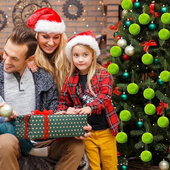 16 Pcs Large Lime Green Furry Christmas Ball Ornaments for Tree Green Christmas Hanging Decorations 4’’ Soft Faux Fur Pom Pom Ball Ornaments for Home Party Supply Fireplace Mantel Wall Decor