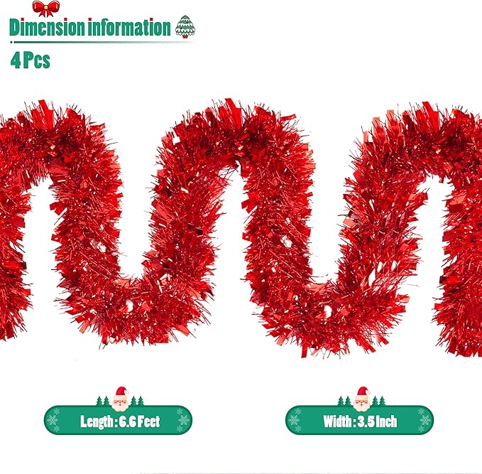 CANREVEL 4 Pieces 26.2 Ft Christmas Garland Metallic Shiny Twist Tinsel Garland Hanging Decorations for Christmas Tree, Mantle, Stairs Railing Decorations - Red