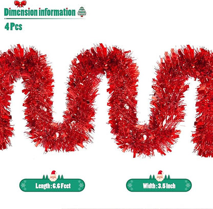 CANREVEL 4 Pieces 26.2 Ft Christmas Garland Metallic Shiny Twist Tinsel Garland Hanging Decorations for Christmas Tree, Mantle, Stairs Railing Decorations - Red