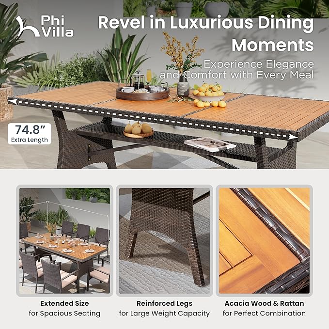 PHI VILLA Outdoor Dining Table for 6/8, 74" Rectangle Wicker Table with Acacia Wood Top & Storage Panel, Large Farmhouse Modern Furniture for Patio, Deck, Backyard, Porch