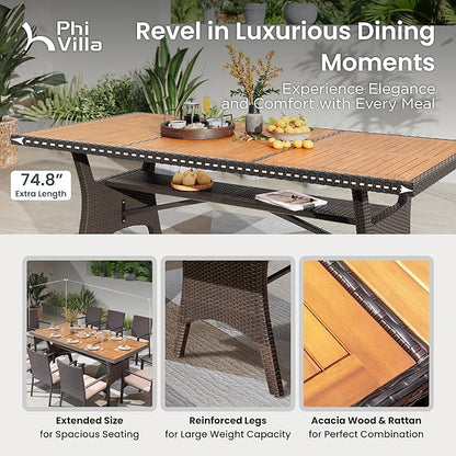PHI VILLA Outdoor Dining Table for 6/8, 74" Rectangle Wicker Table with Acacia Wood Top & Storage Panel, Large Farmhouse Modern Furniture for Patio, Deck, Backyard, Porch