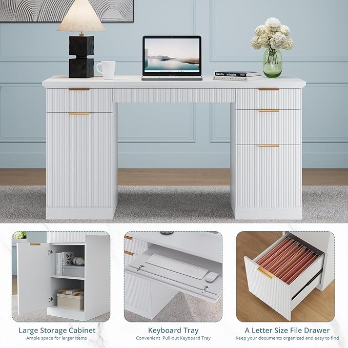 FURSUN 58" Fluted Modern Desk with Storage, Home Office Desk with 1 File Cabinet & 5 Drawers, Wood Executive Computer Writing Desk for Study, Living Room, Bedroom, White