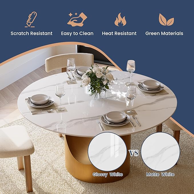 POVISON Round Dining Table for 4-6, 51" Glossy White Sintered Stone Top with Bronze Carbon Steel Pedestal