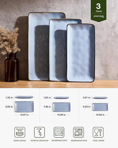 famiware Serving Platter, Rectangular 15.67/14.1/12.6inch Serving Dishes for Entertaining, Reactive Glaze, Stoneware for Party, Food, Turkey, Snack, Cheese, Ocean Series, Blue