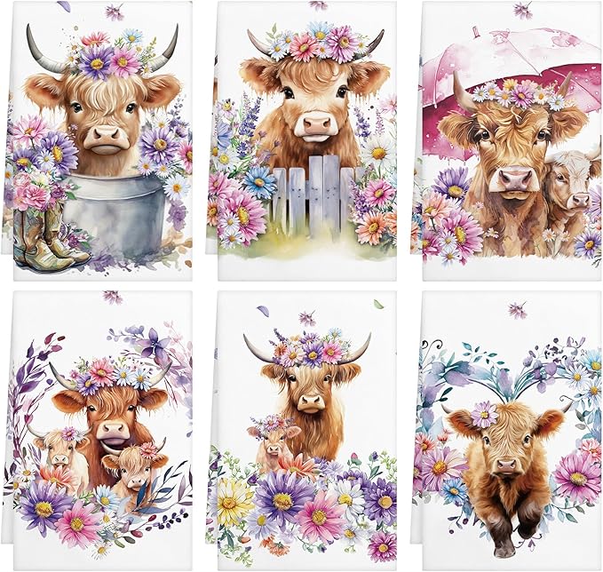 Oudain Highland Cattle Farmhouse Kitchen Towels Set of 6 Absorbent Dish Towels 24x16 Sunflower Floral Farmhouse