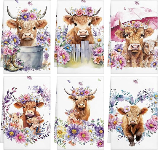 Oudain Highland Cattle Farmhouse Kitchen Towels Set of 6 Absorbent Dish Towels 24x16 Sunflower Floral Farmhouse