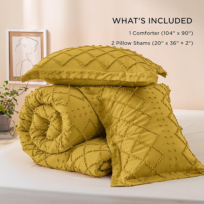 Bedsure King Comforter Set - Mustard Yellow Comforter, Boho Tufted Shabby Chic Bedding for Kids, 3 Pieces Vintage Farmhouse Bed Set for All Seasons, Fluffy Soft Bedding with 2 Pillow Shams