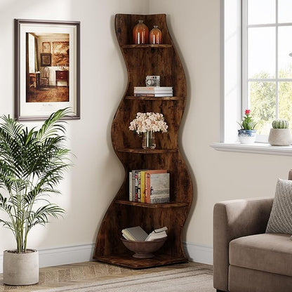 Tribesigns Wavy Corner Shelf, Modern 5-Tier Bookshelf Bookcase with Curvy Shape, Unique Plant Stand Display Rack for Living Room Small Space (Brown)
