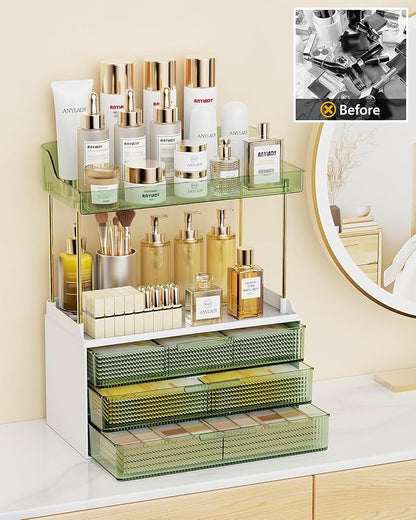 Bathroom Organizers and Storage, Makeup Organizer (Sturdy Durable Attractive), Ideal for Vanity, Countertop, Counter, Perfume, Skincare, Cabinet, Cosmetic, Dresser Organizer (Green)